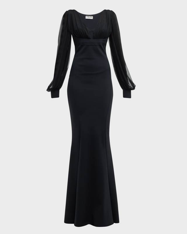 Perlita Sheer-Sleeve Illusion Gown